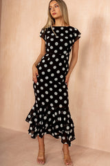 Roxy Black Chiffon Polka Dot Midi Dress