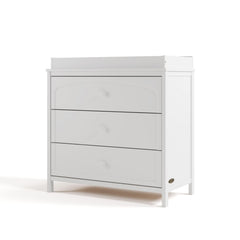Olivia white 3 drawer chest with changing topper angle view