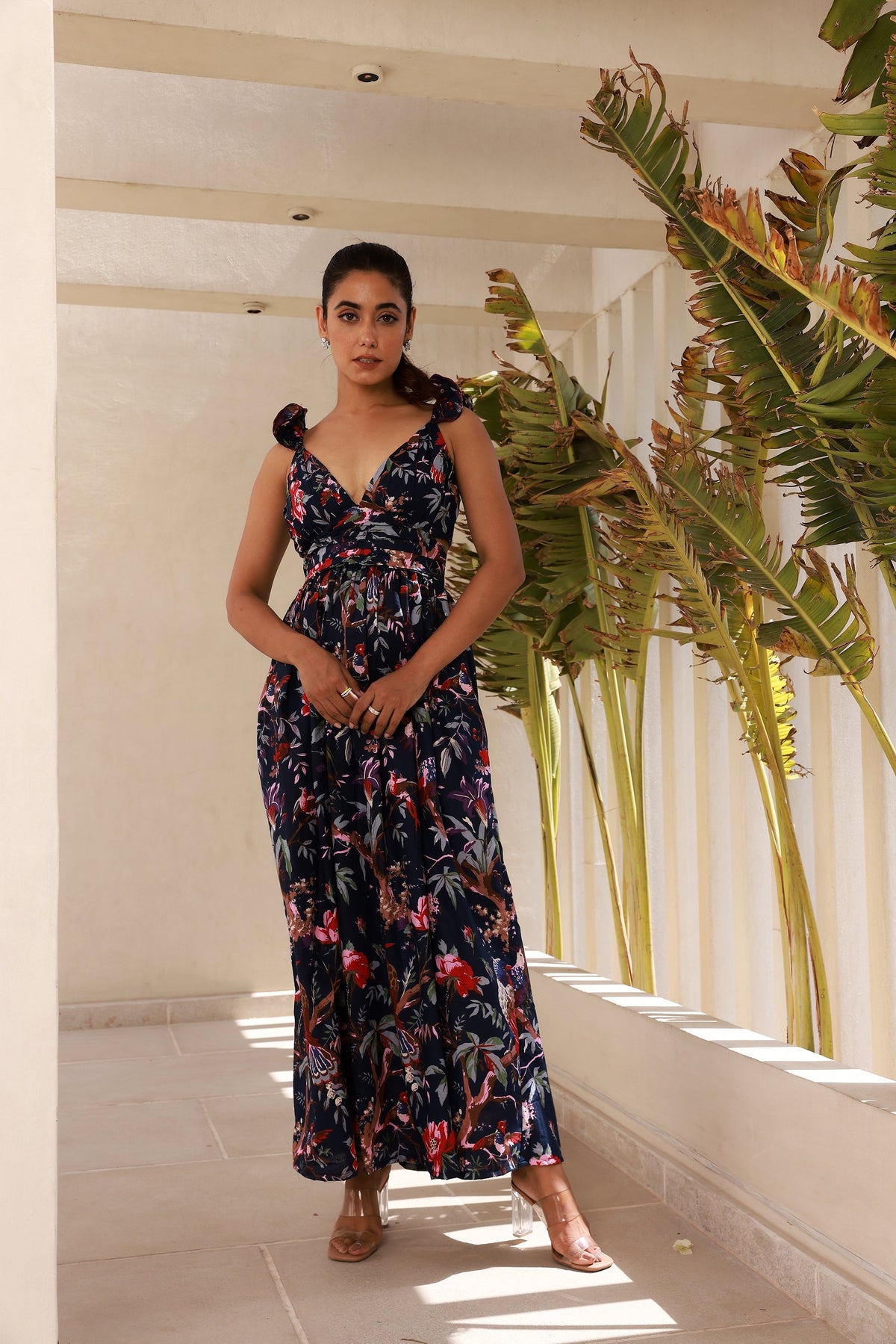Criss-Cross Maxi Dress with Dark Blue Print and Black Strappy Details MoonStruck