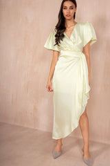 Drew Lemon Satin Wrap Midi Dress