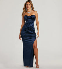 Feel polished and confident in the Iliana Cowl Neck High Slit Satin Column Dress, a navy blue prom dress designed with luxe fabric and modern detail that shows off your vibe.