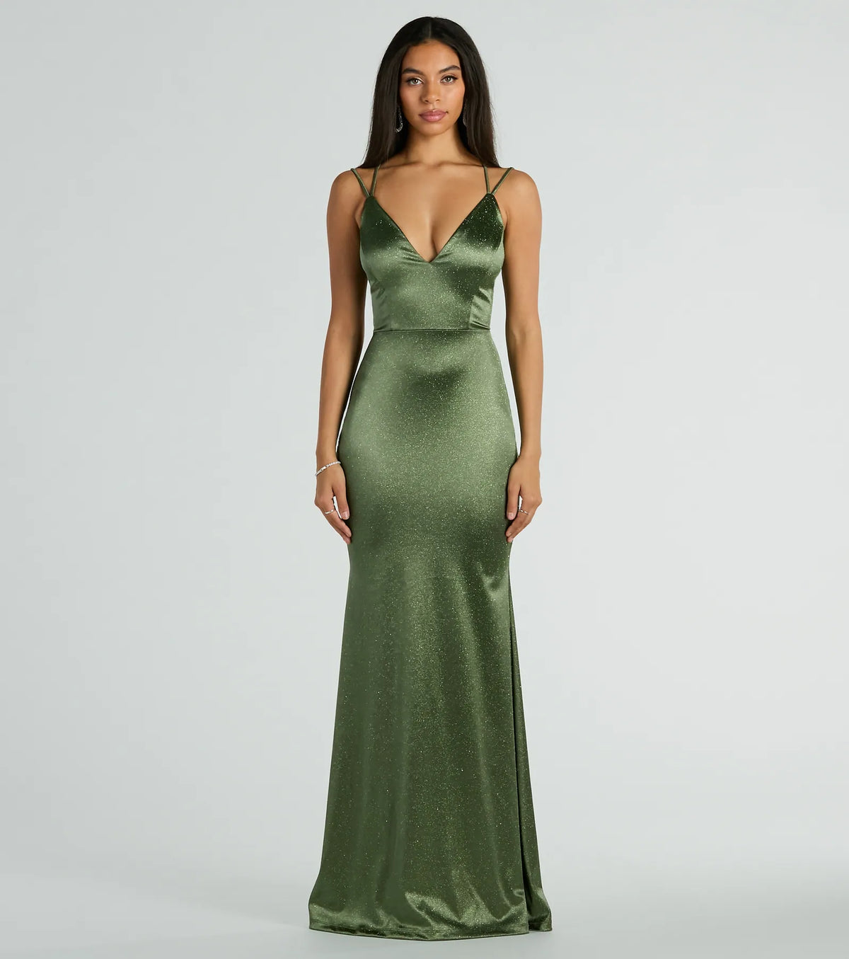 Step into confidence in the Macy Lace Up Slim Glitter Satin Formal Dress, a olive green glitter dress that turns heads with every move.