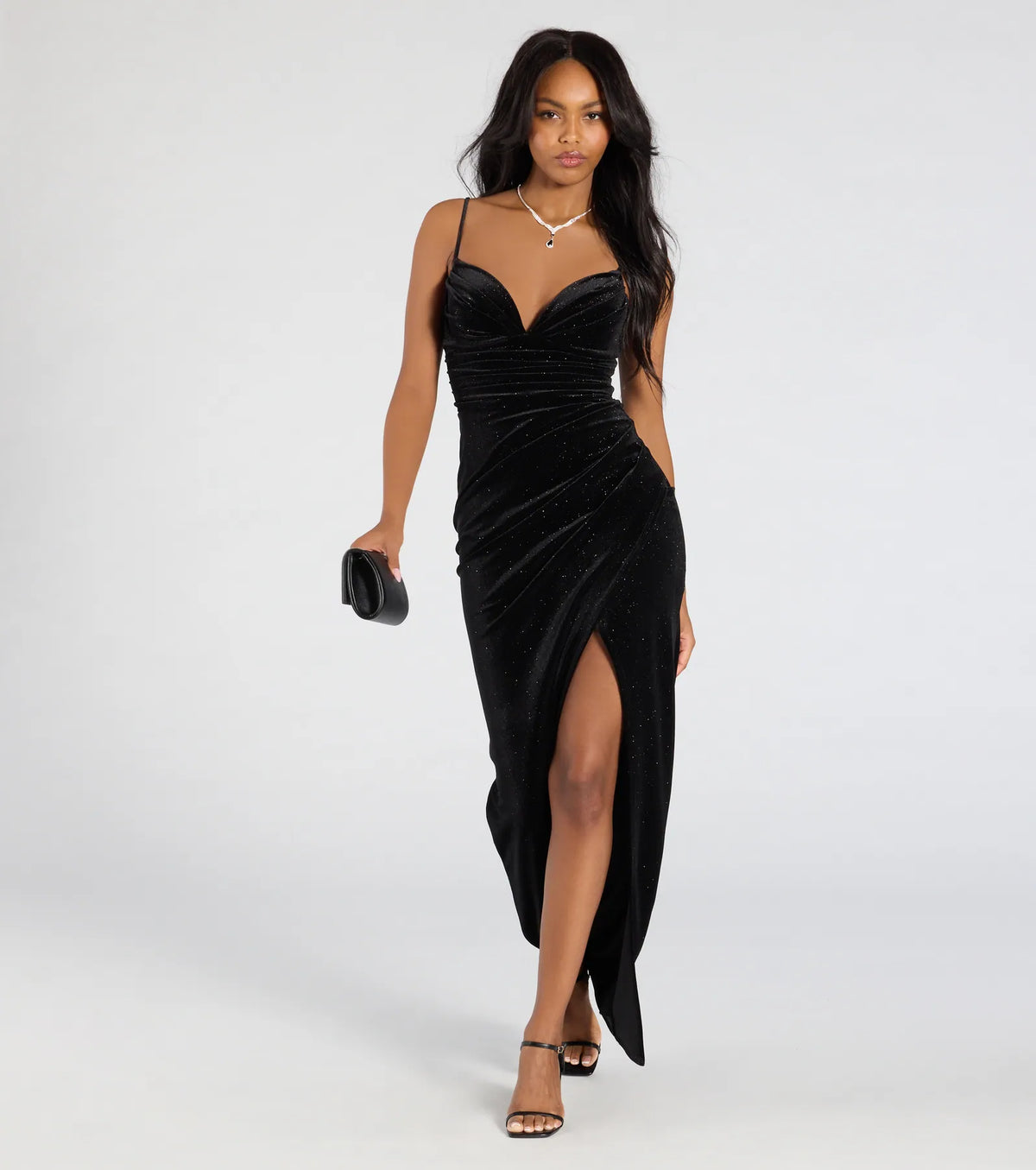 Step into confidence in the Azella Bodycon Slit Glitter Velvet Formal Dress, a black glitter dress that turns heads with every move.