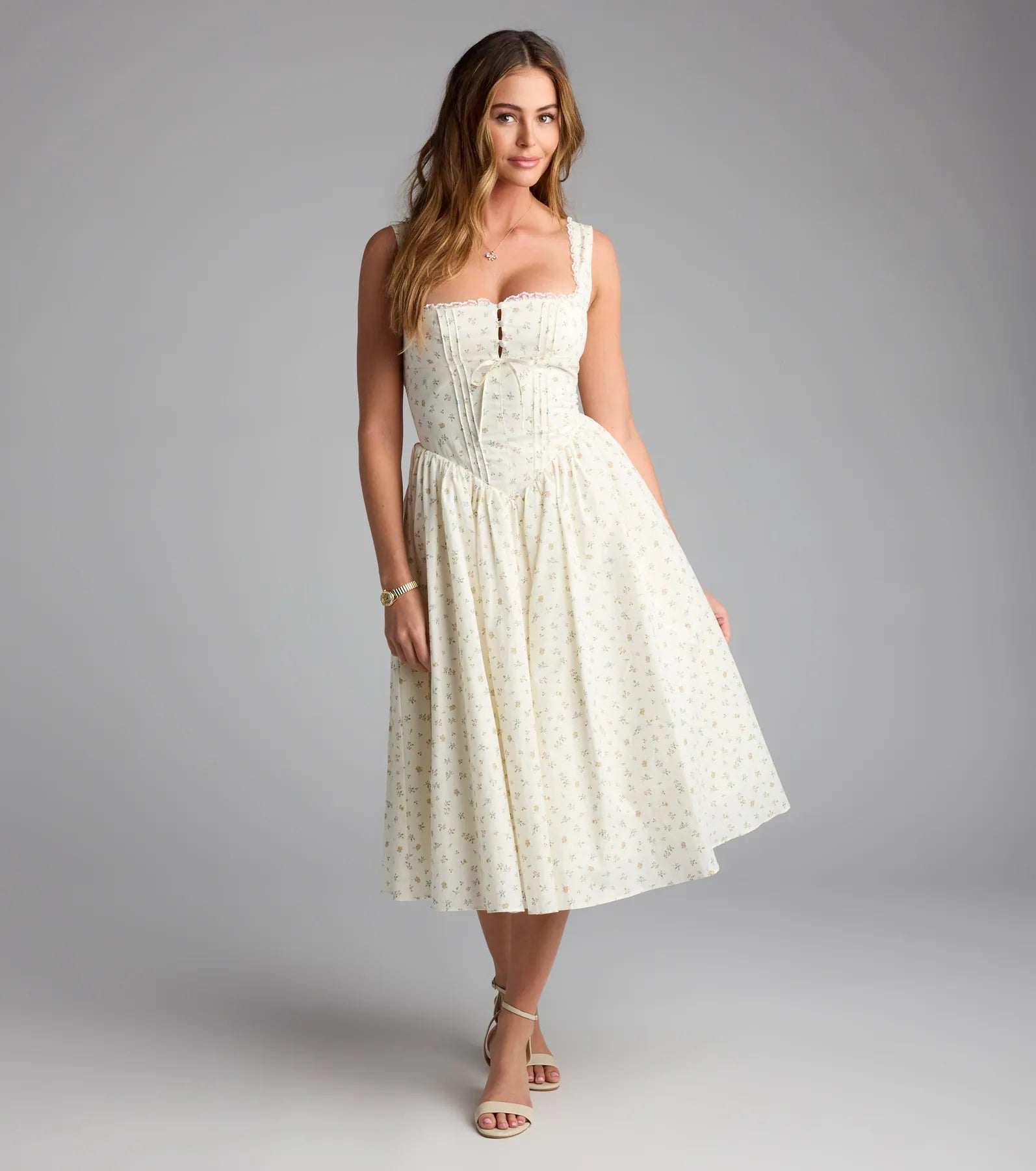 The Soft Girl Floral Drop Waist Midi Dress in yellow features a flattering fit and mid-calf hem, redefining effortless midi dresses for any occasion.