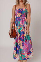 Purple Floral Print Shirred Spaghetti Strap Loose Maxi Dress-Maxi Dresses-[Adult]-[Female]-Purple-L-2022 Online Blue Zone Planet