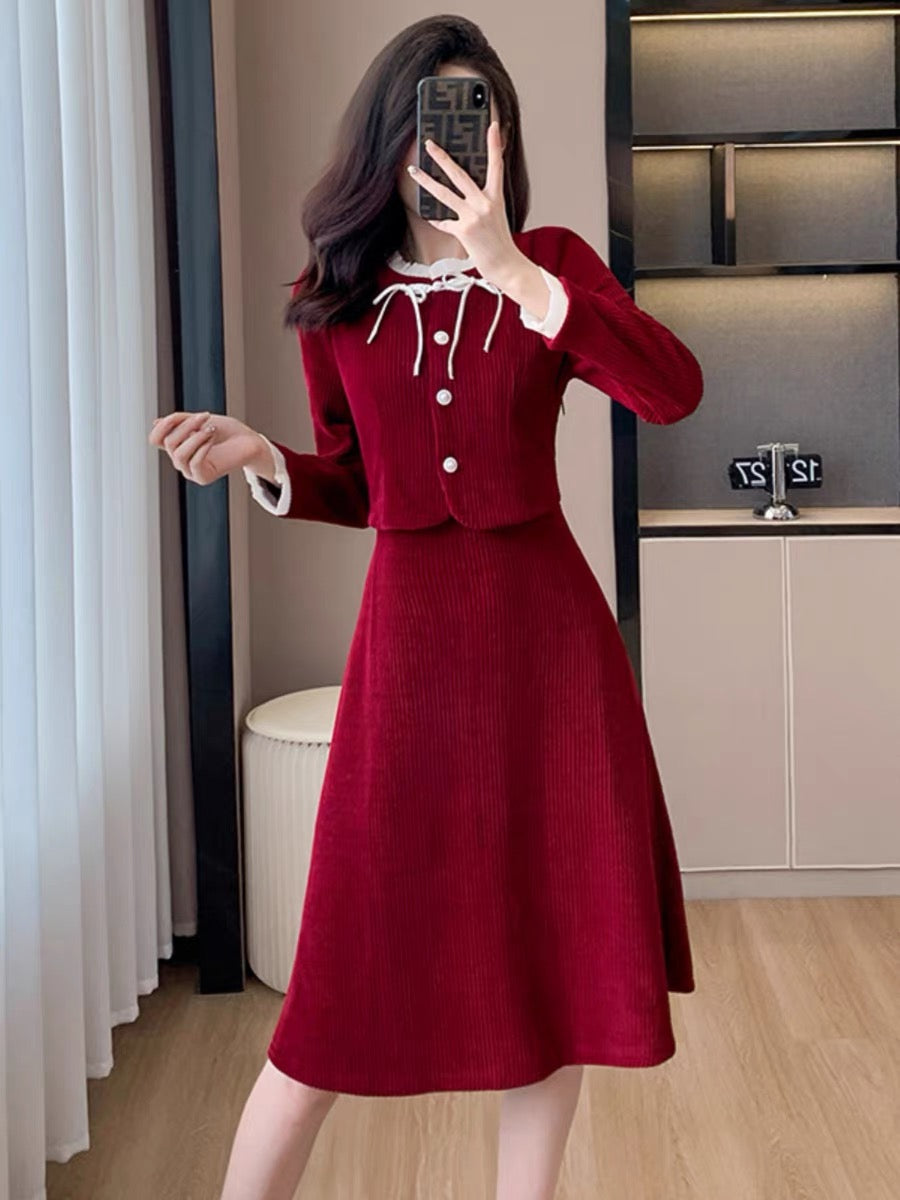 French rich and noble two-piece dress autumn and winter women's new red new Chinese style tassel buckle suit skirt