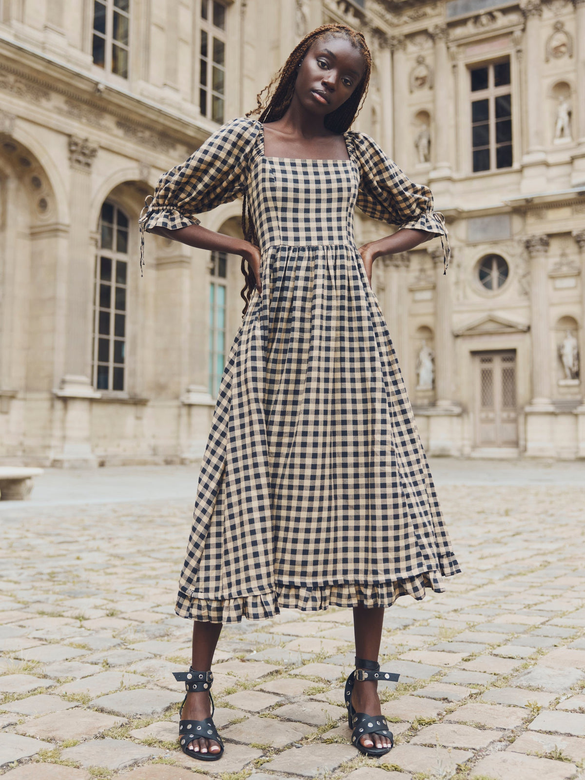 Grace Midi Dress - Black & Tan Check
