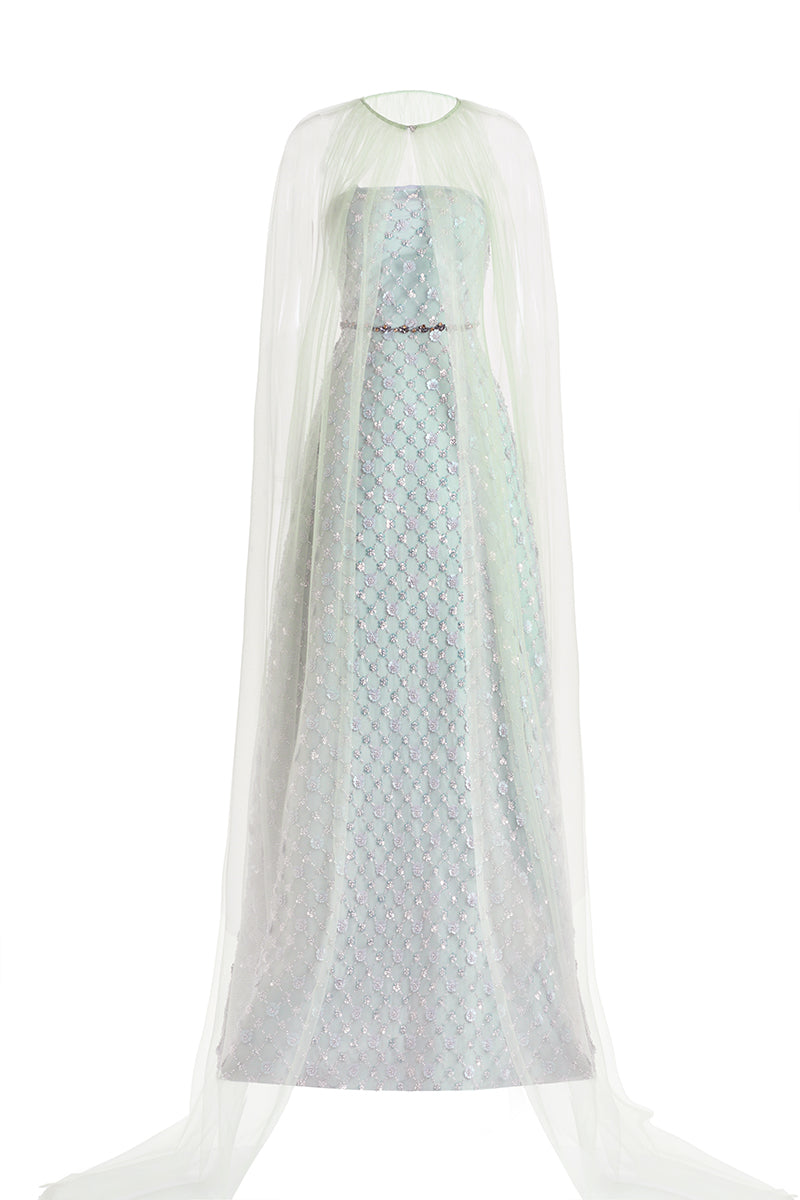 Dark mint pearl maxi dress with scarf detail from Happy Clothing, flowing fabric and elegant design perfect for formal occasions.