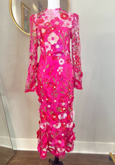 Long Sleeve Hot Pink Floral Midi Wedding Guest Dress
