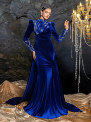 Elegant Velvet High-Neck Formal Dress | Long Sleeve Beaded Evening Gown with Sweep Train