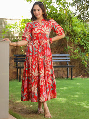 Women Floral Print Puff Sleeve Pure Cotton Fit & Flare Midi Dress