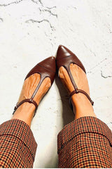 Patchwork T-Strap Buckle Pointed Toe Brown Flats [Pre Order]