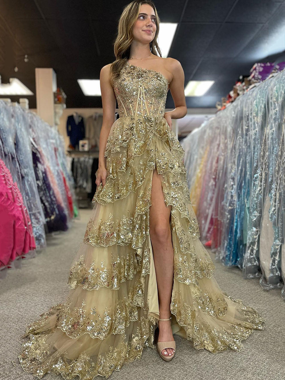 One Shoulder Layered Sequin Lace Prom Dress with Slit Evening Party Dress Ms2507172