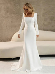 Civil Square Neck Long Sleeve Wedding Dress Simple Mermaid Bridal Gown with Button Ms2503191