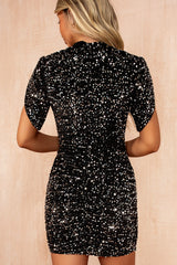 Martha Black and Silver Velvet Sequin Ruched Dress