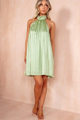 Georgia Green Satin Halterneck Pleated Dress