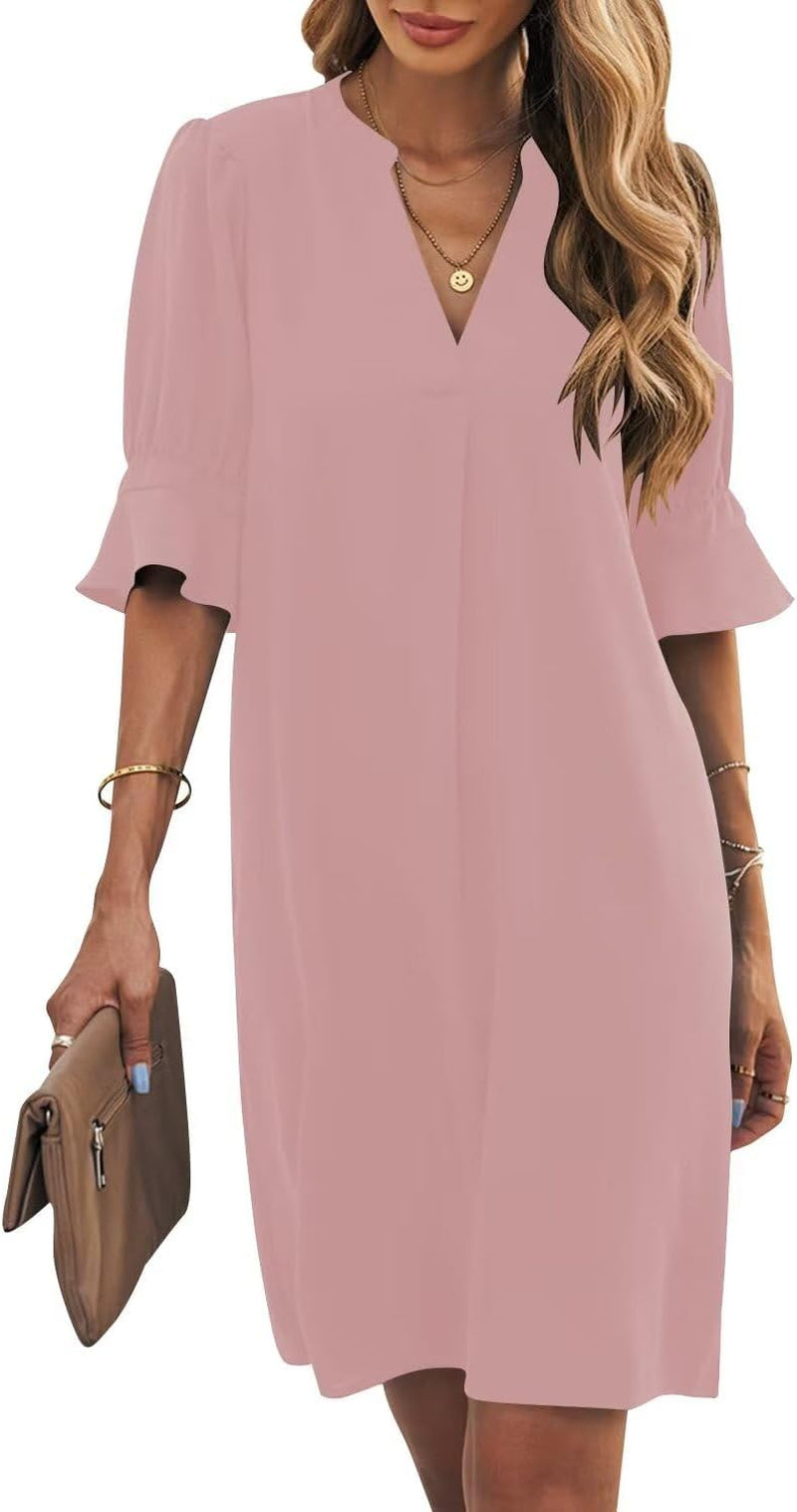 Shift Dress for Women V Neck Short Sleeves Solid Color Casual Flowy Summer Dresses(S-2Xl)