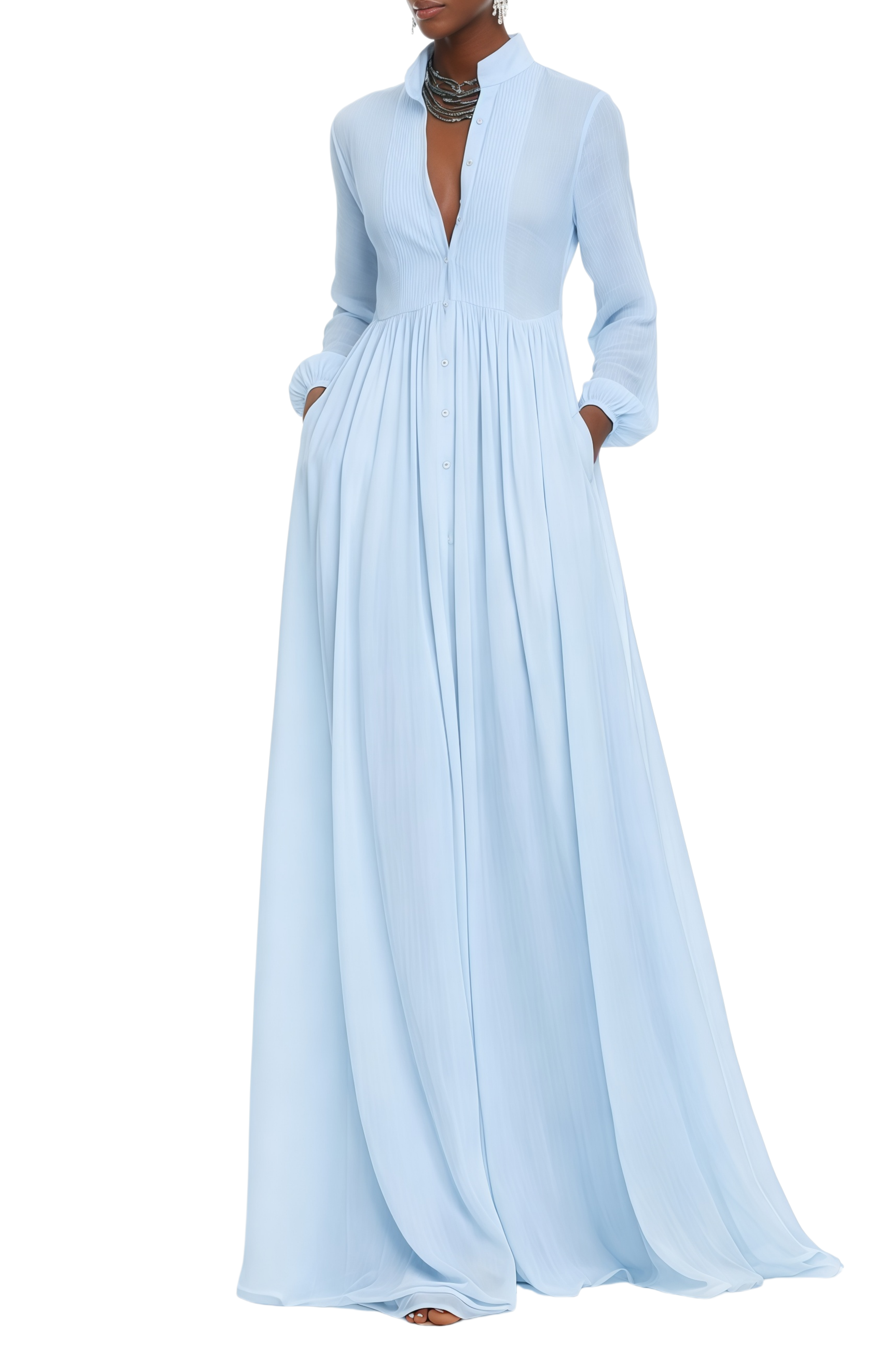 Gemma Blue Pleated Balloon Sleeve Maxi Dress