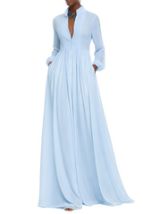 Gemma Blue Pleated Balloon Sleeve Maxi Dress