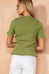 Jemima Green Ribbed Knit Lace Detail Top