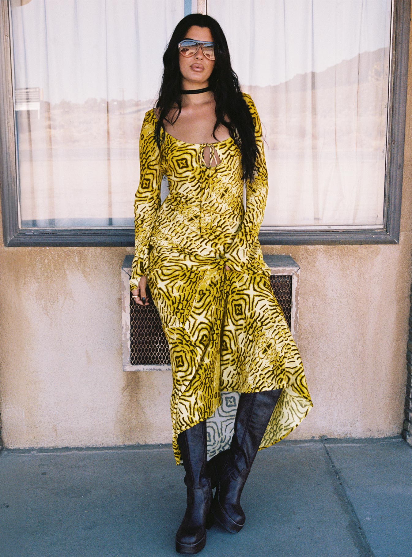 front view of model wearing Princess Polly Setting Sun Long Sleeve Maxi Dress Yellow / Black Scoop Neck