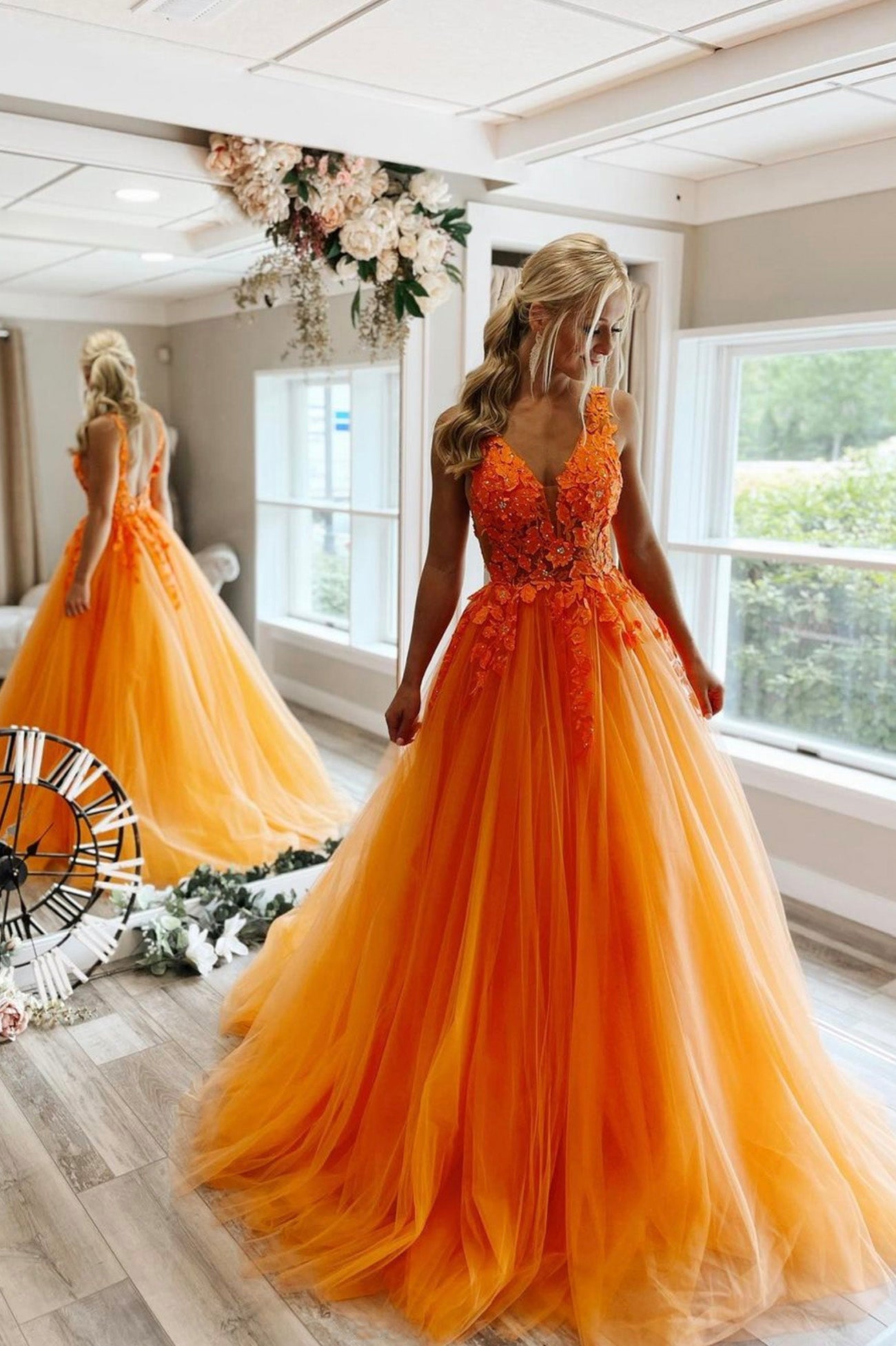 Orange Tulle Lace Long Prom Dresses, V-Neck Evening Dresses