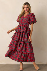 Full view of the red dress featuring a v-neckline and puff sleeves with elastic cuffs, highlighting the tiered maxi skirt design.
