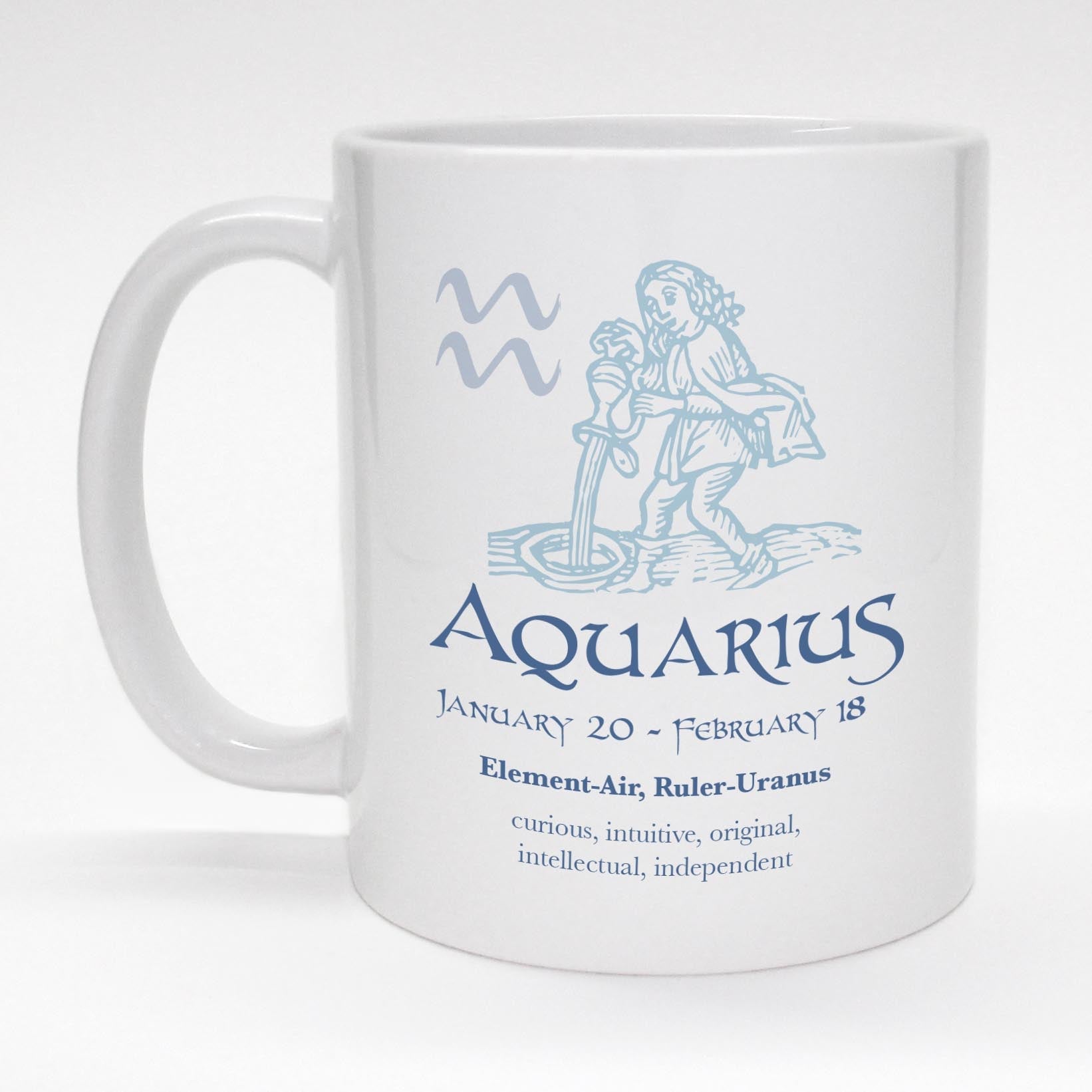 11oz. coffee mug with Aquarius horoscope full color design.