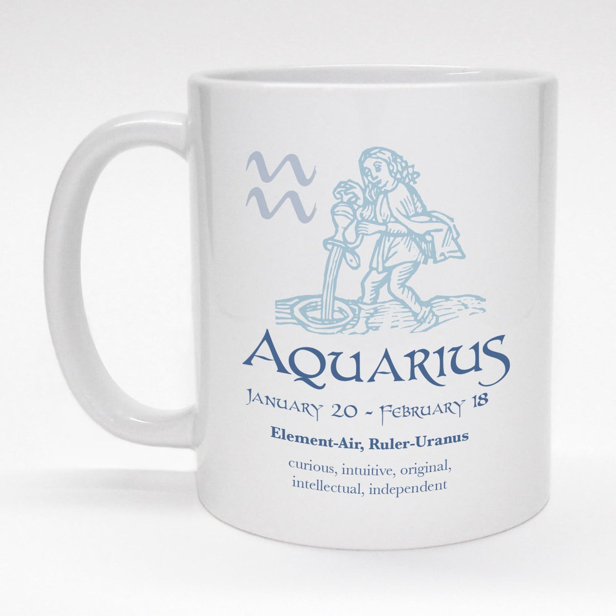 11oz. coffee mug with Aquarius horoscope full color design.