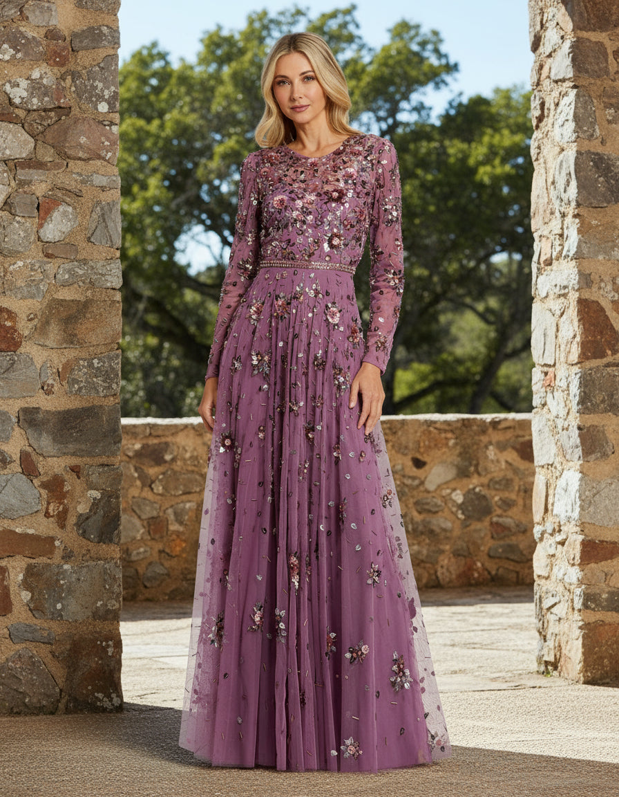 Mother of the Bride Dresses Floral Sequin Long Sleeve Mother of the Bride Dress Raspberry