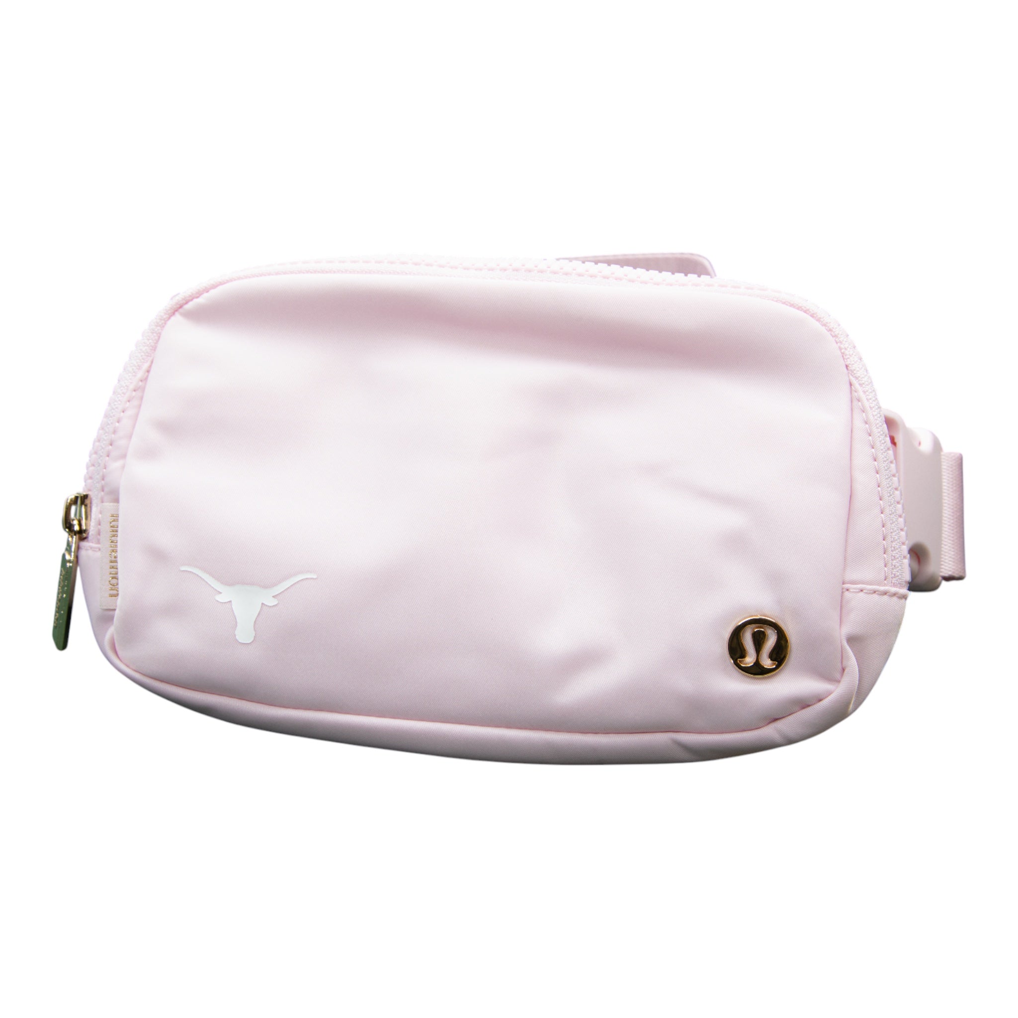 Pink pouch with a logo on a white background