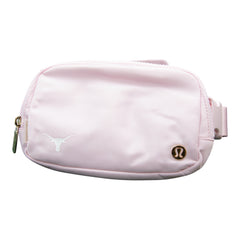 Pink pouch with a logo on a white background