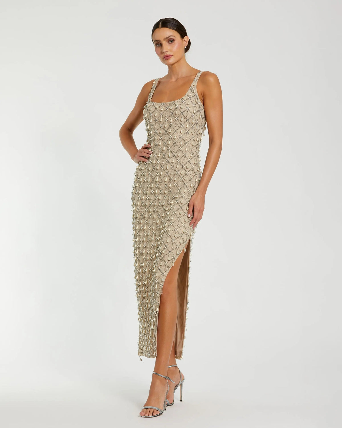 Beige Pearl Embellished Scoop Neck Midi Dress - Mac Duggal