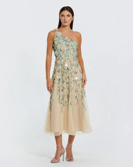 Beige Floral Embellished One Shoulder Midi Dress Mac Duggal