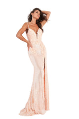 Jovani 1012 is a Delicate Rose Gold all over sequin Embellished Prom Dress with Floral Appliques. Features a plunging neckline &amp; Slit in the skirt. Small Train in Back.&nbsp;

Details:&nbsp;Sequin fabric, floral appliques, fitted silhouette, high slit skirt with sweeping train, sleeveless bodice, plunging neckline with sheer mesh insert, low back with strap across for support, spaghetti straps over shoulders.