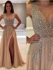 Sexy A Line V Neck Rhinestone Prom Dresses with Slit, Rhinestone Graduation Dresses