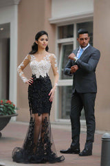 Mermaid Long Sleeve Black White Lace Applique Prom Dresses,Formal Graduation Dresses