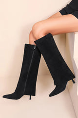 Phoebe Black Fold Over Suedette Knee High Boots
