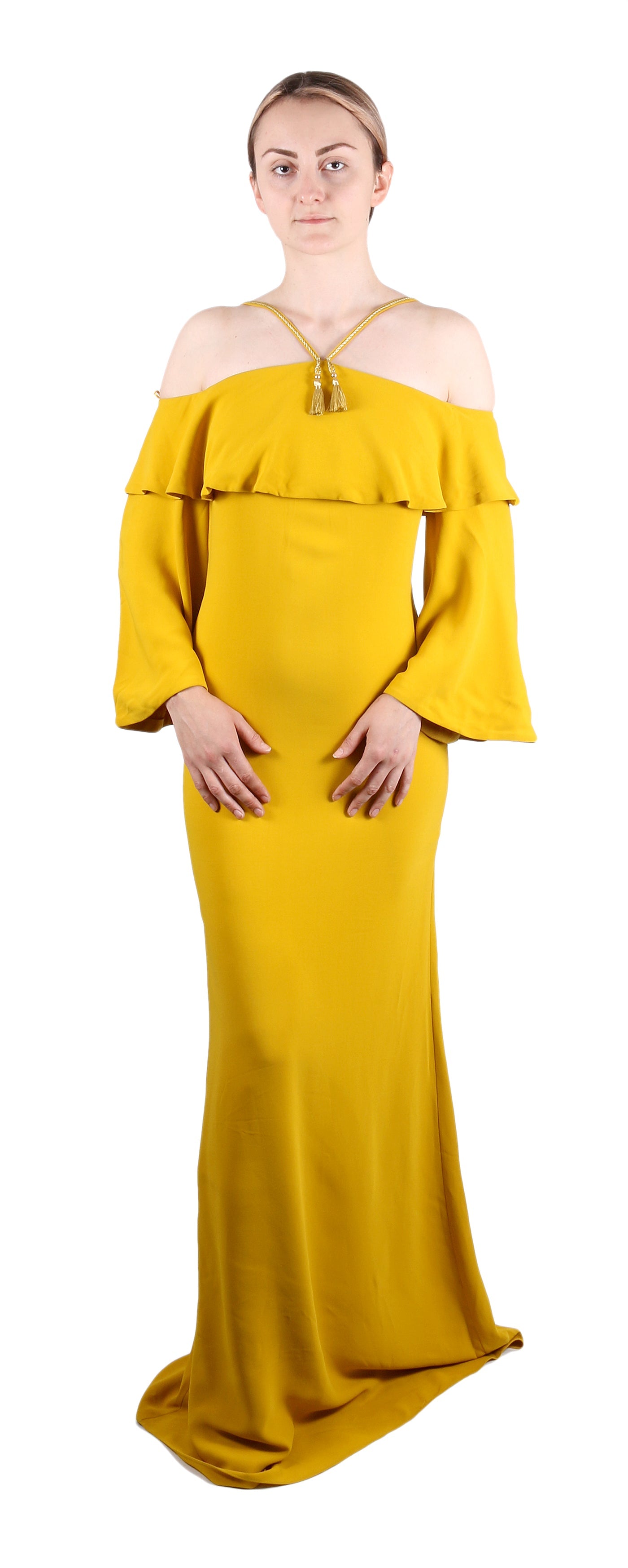 Roberto Cavalli Golden Yellow Off-Shoulder Maxi Dress with Open Back