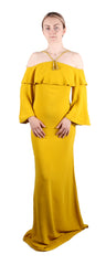 Roberto Cavalli Golden Yellow Off-Shoulder Maxi Dress with Open Back