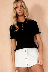 Shonda Black Ribbed Knit Collared Top