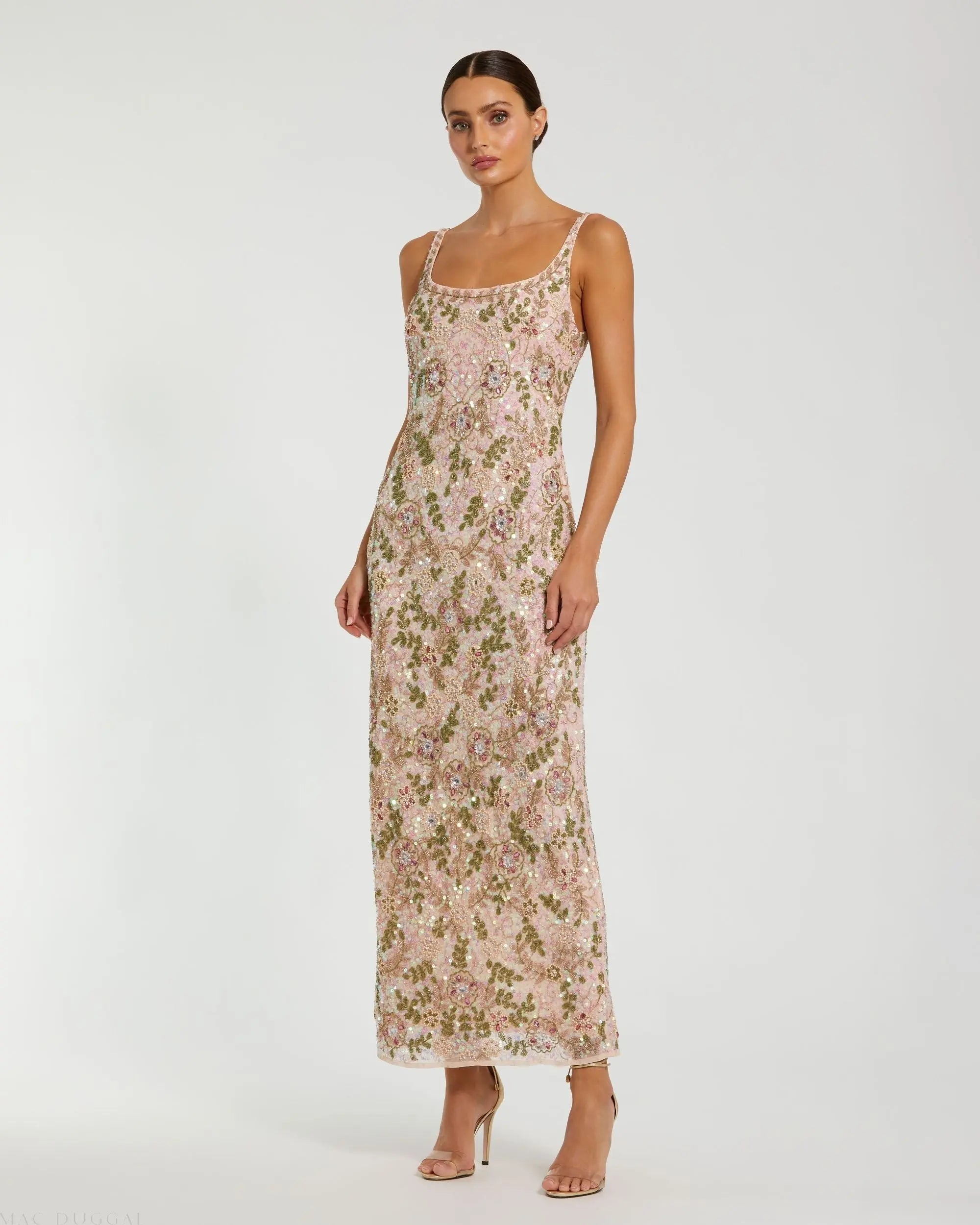 Pink Sleeveless Hand Beaded Floral Midi Dress - Mac Duggal