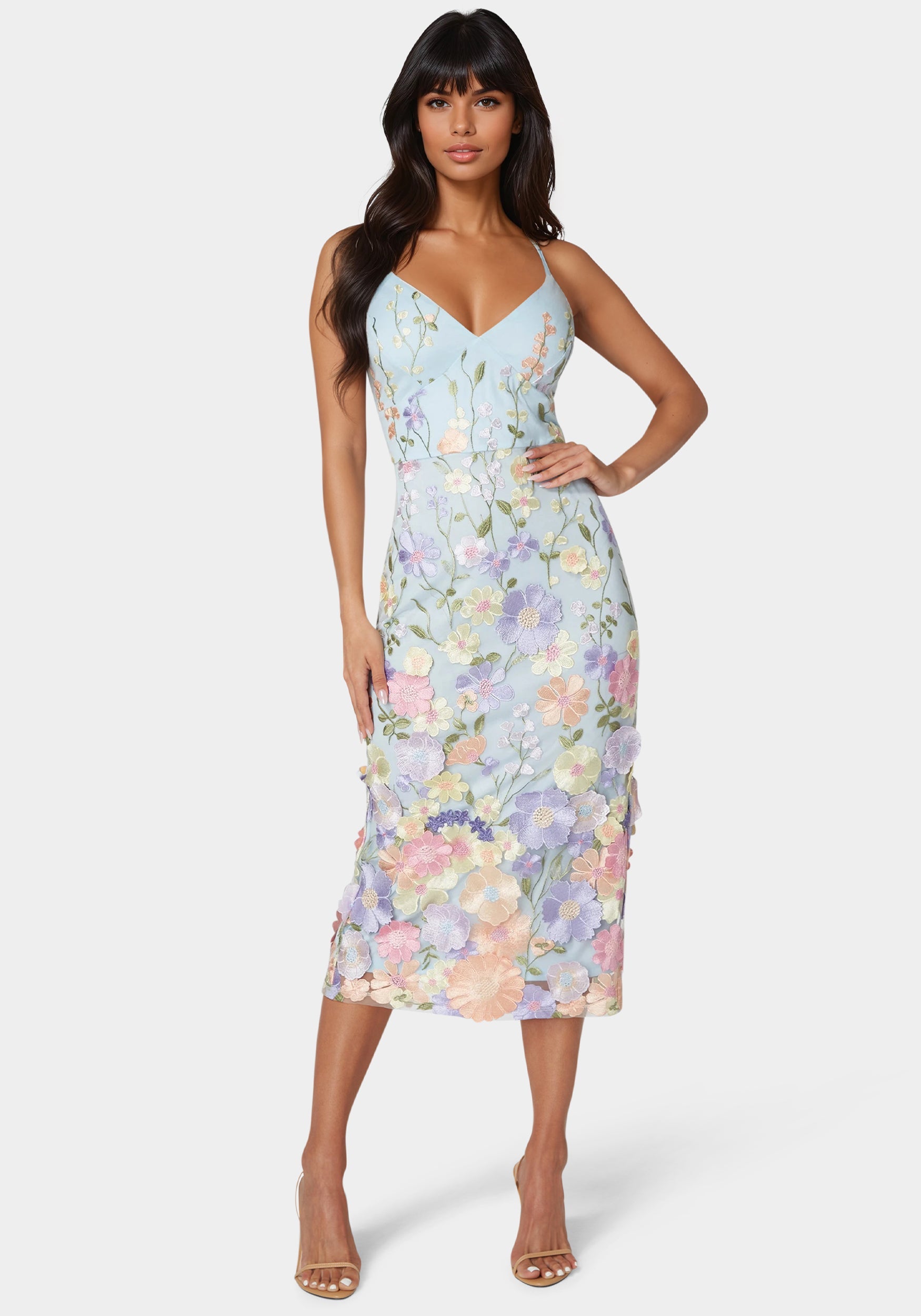 Front View-Floral Embroidered Midi Dress-Blue Multi