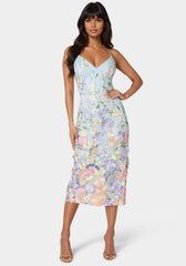 Front View-Floral Embroidered Midi Dress-Blue Multi