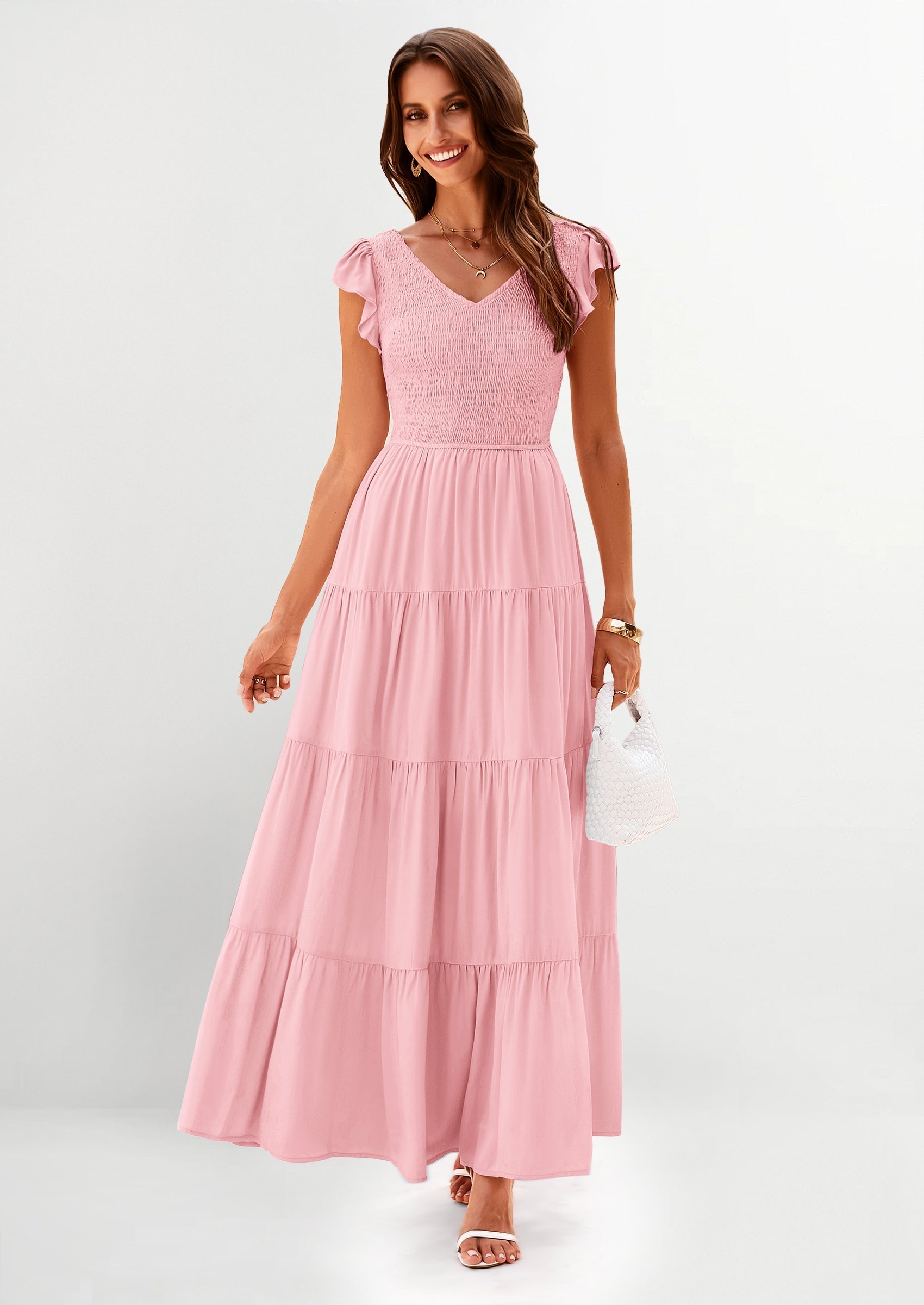 PRETTYGARDEN Women's Flowy Maxi Dress Casual Cap Sleeve V Neck Smocked Beach Sundress PRETTYGARDEN