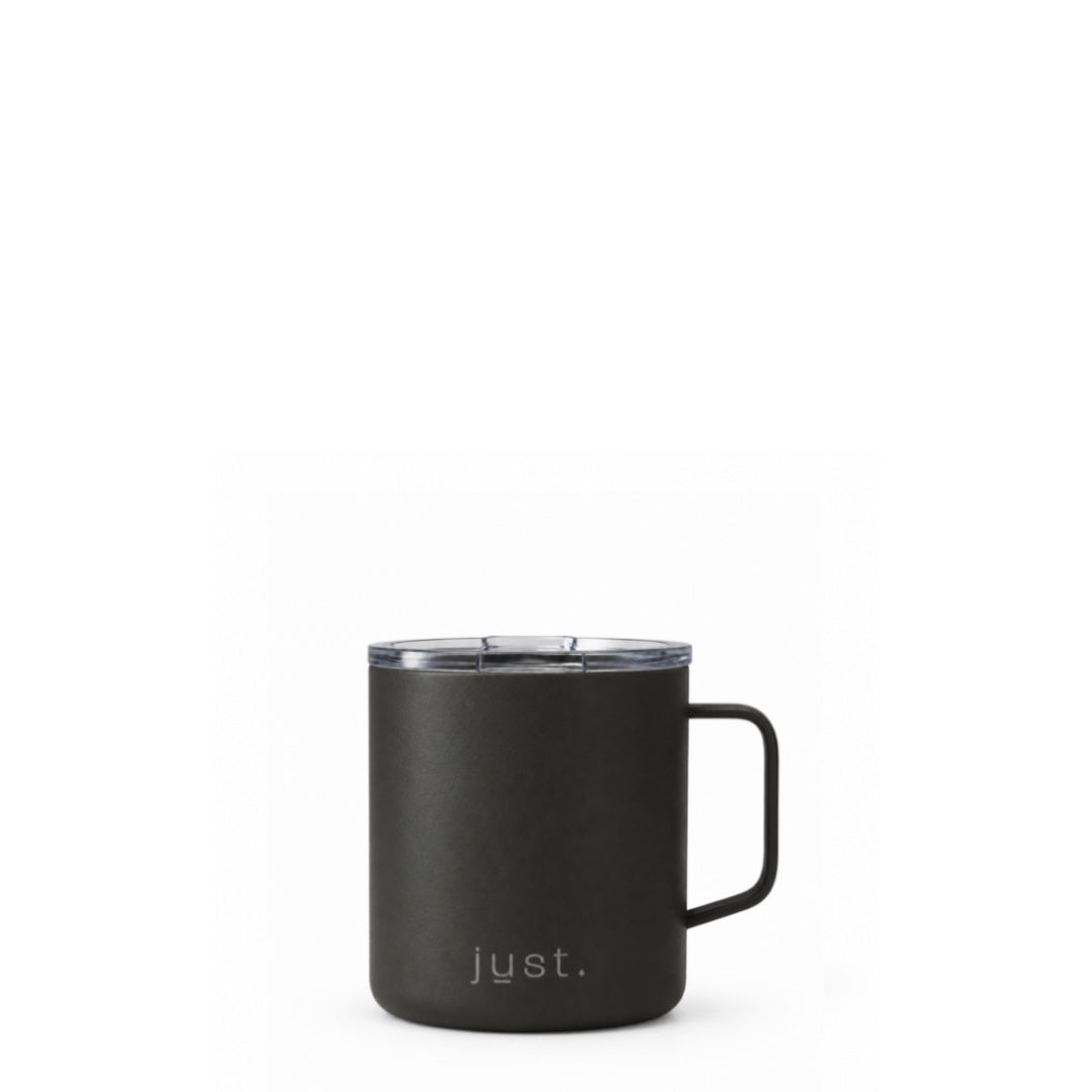 Black 10oz stainless steel insulated camp mug from Just Bottle, front view on a white background