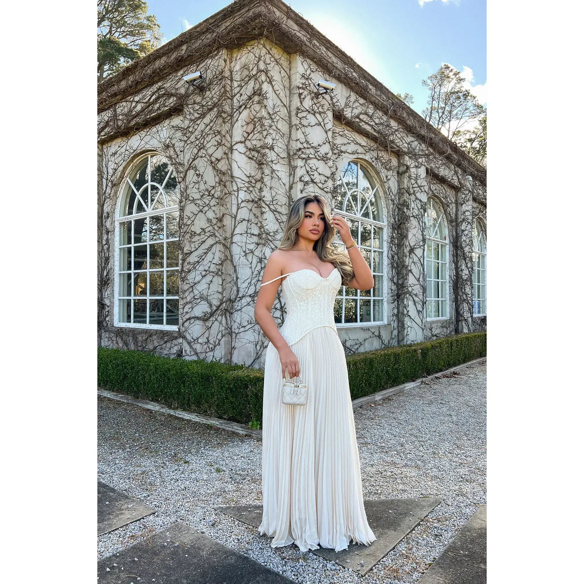 Cream Daniella Lace Corset Pleated Maxi