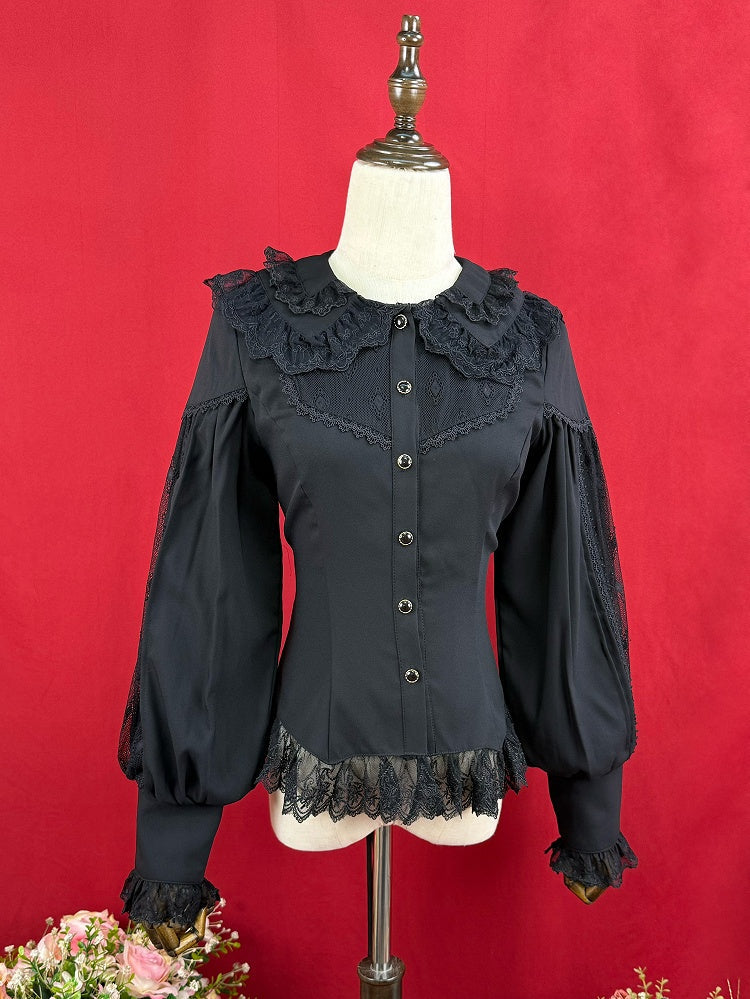 Black Double Layered Collar Elegant Long Slevees Shirt