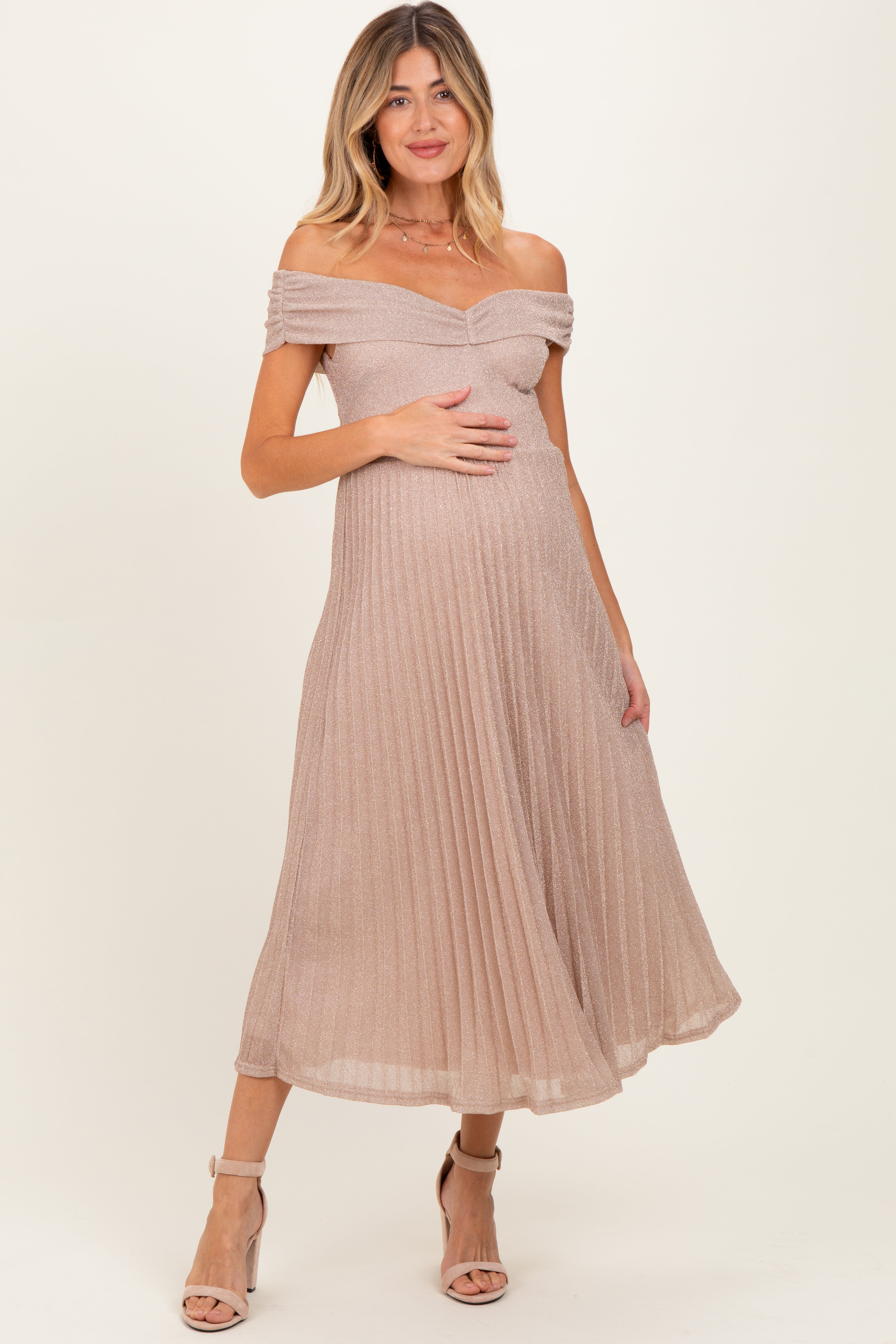 Beige Shimmer Off Shoulder Pleated Maternity Midi Dress