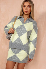 Kyra Grey and Yellow Knit Argyle Co Ord